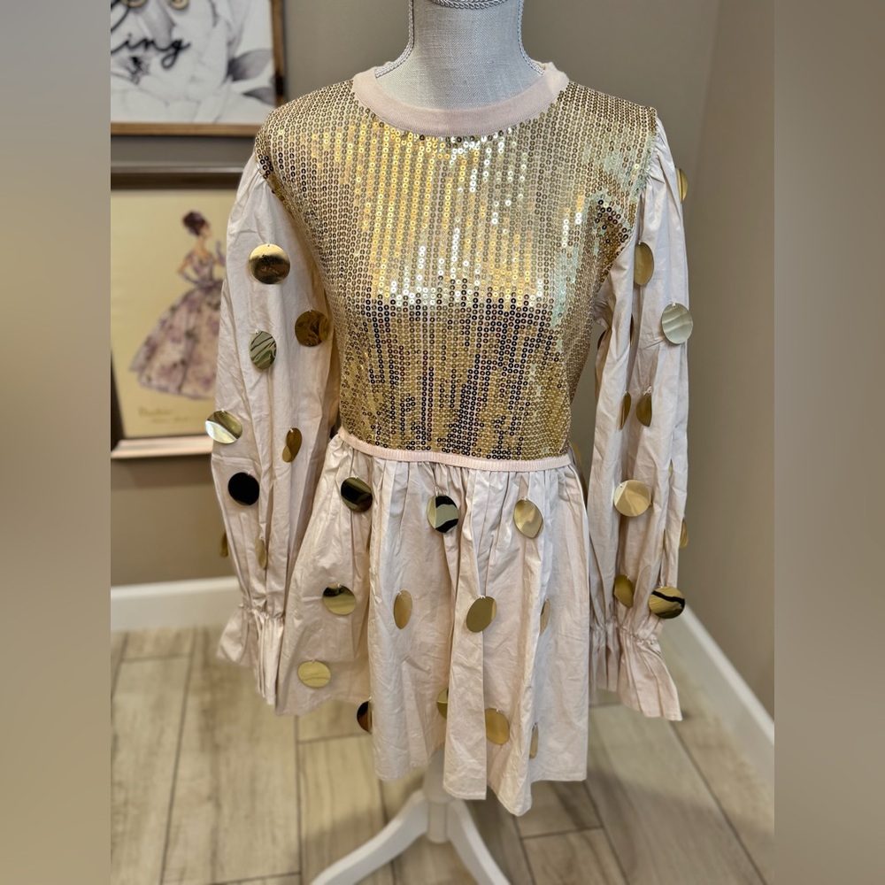 New! QUEEN OF SPARKLES Gold and Beige Paillette Sequin Long Sleeve Dress